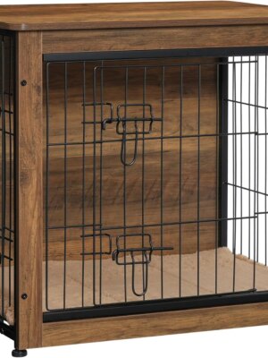 DWANTON Wooden Dog Crate Furniture with Cushion, Multi-Functional Pet Crate & Side Table, Double Doors, Adjustable Feet, Durable Construction