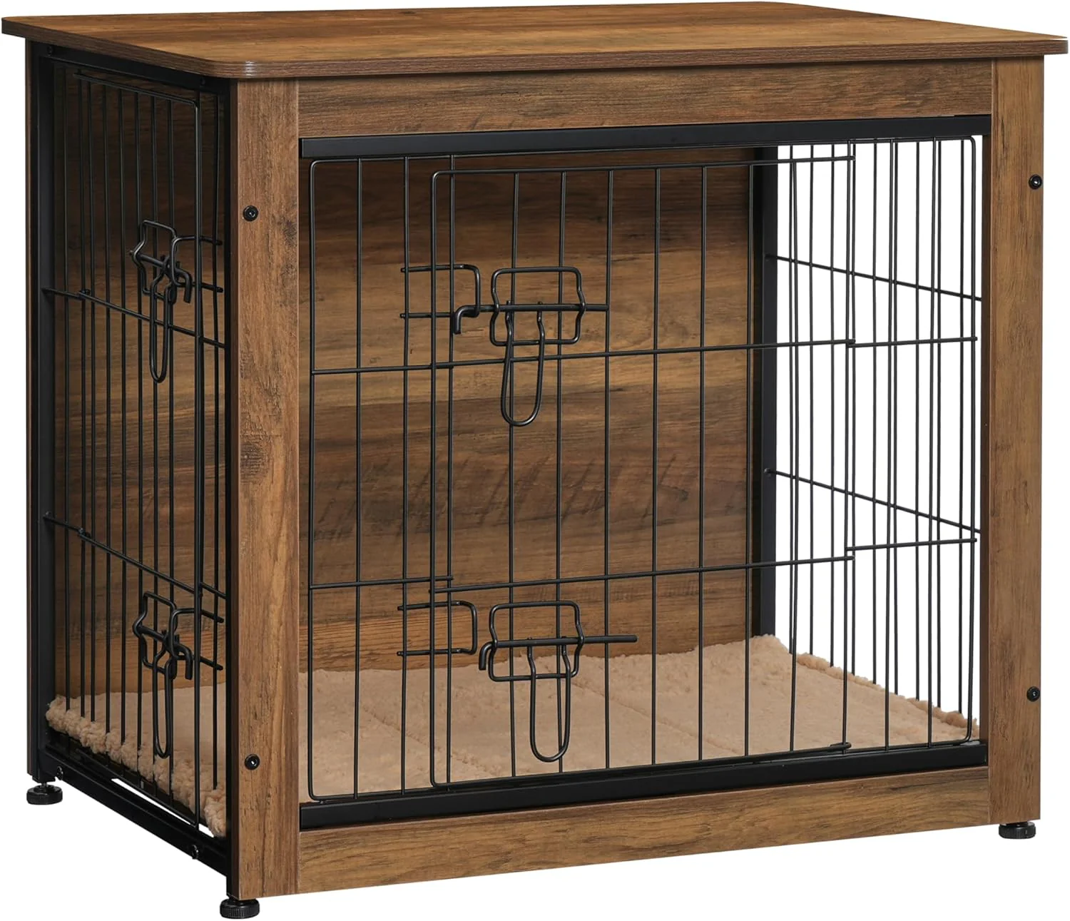 DWANTON Wooden Dog Crate Furniture with Cushion, Multi-Functional Pet Crate & Side Table, Double Doors, Adjustable Feet, Durable Construction