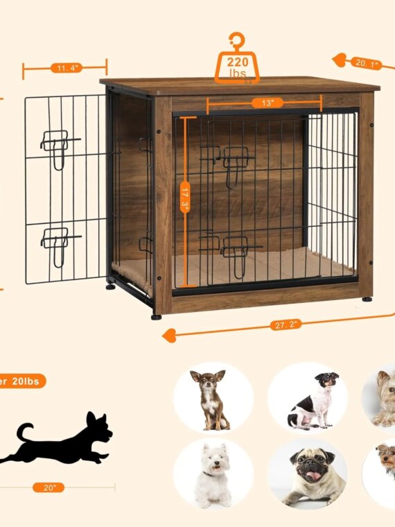 DWANTON Wooden Dog Crate Furniture with Cushion, Multi-Functional Pet Crate & Side Table, Double Doors, Adjustable Feet, Durable Construction