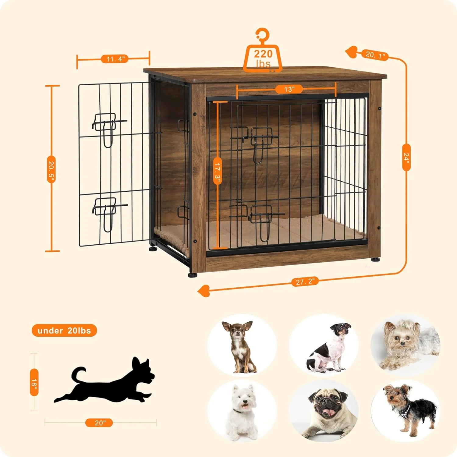 DWANTON Wooden Dog Crate Furniture with Cushion, Multi-Functional Pet Crate & Side Table, Double Doors, Adjustable Feet, Durable Construction
