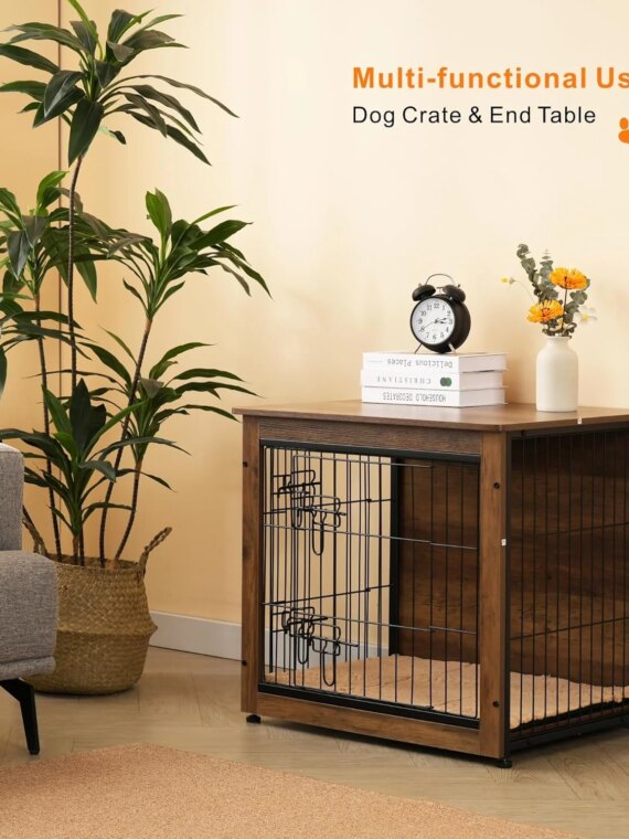 DWANTON Wooden Dog Crate Furniture with Cushion, Multi-Functional Pet Crate & Side Table, Double Doors, Adjustable Feet, Durable Construction