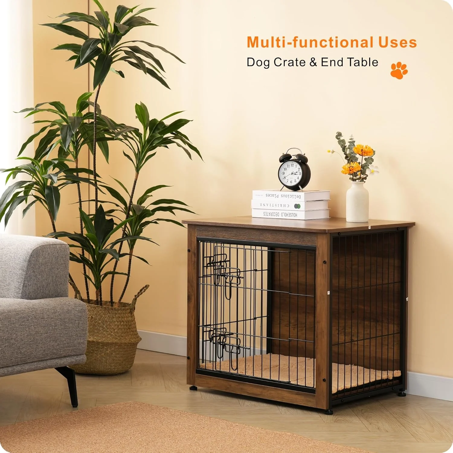 DWANTON Wooden Dog Crate Furniture with Cushion, Multi-Functional Pet Crate & Side Table, Double Doors, Adjustable Feet, Durable Construction