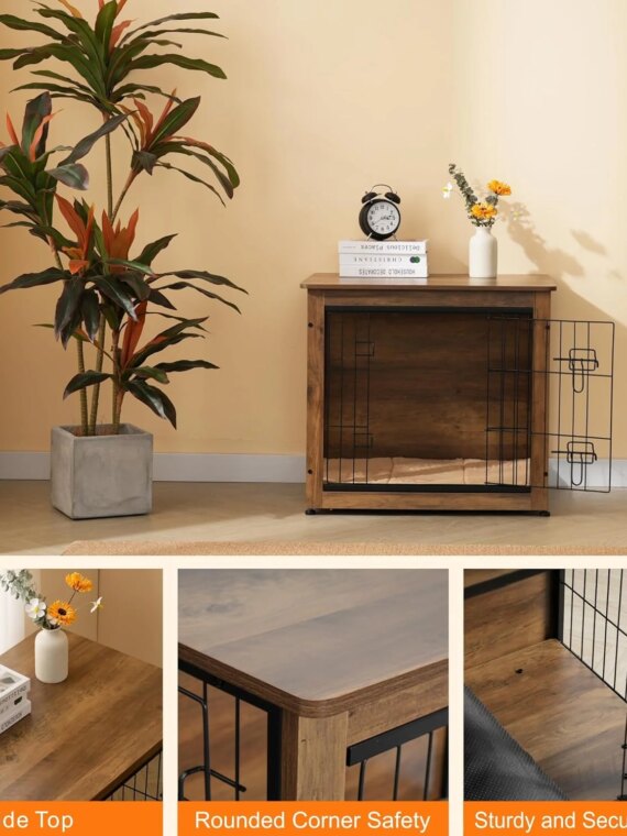 DWANTON Wooden Dog Crate Furniture with Cushion, Multi-Functional Pet Crate & Side Table, Double Doors, Adjustable Feet, Durable Construction