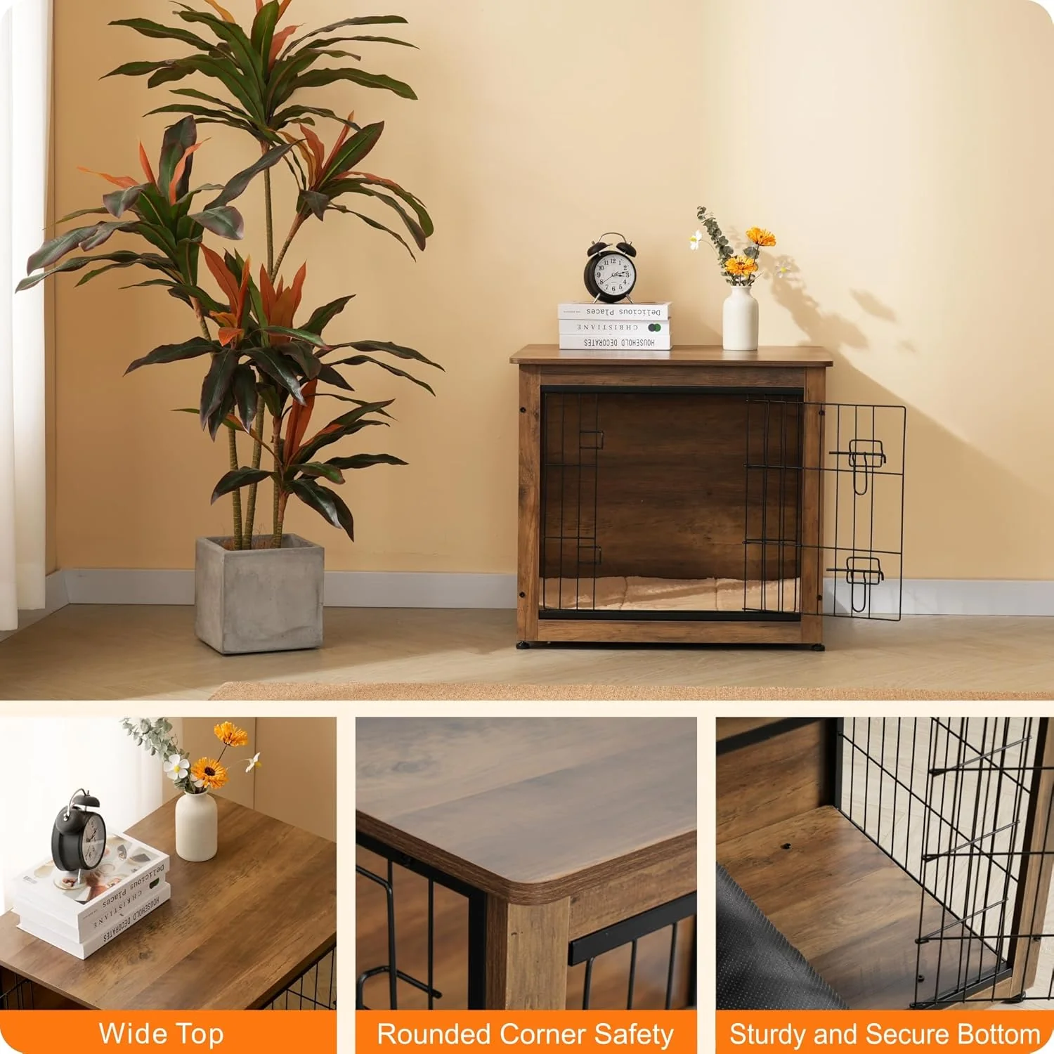 DWANTON Wooden Dog Crate Furniture with Cushion, Multi-Functional Pet Crate & Side Table, Double Doors, Adjustable Feet, Durable Construction