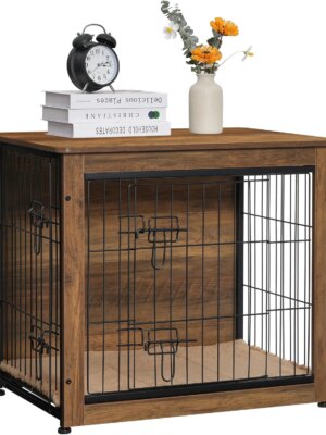 DWANTON Wooden Dog Crate Furniture with Cushion, Multi-Functional Pet Crate & Side Table, Double Doors, Adjustable Feet, Durable Construction
