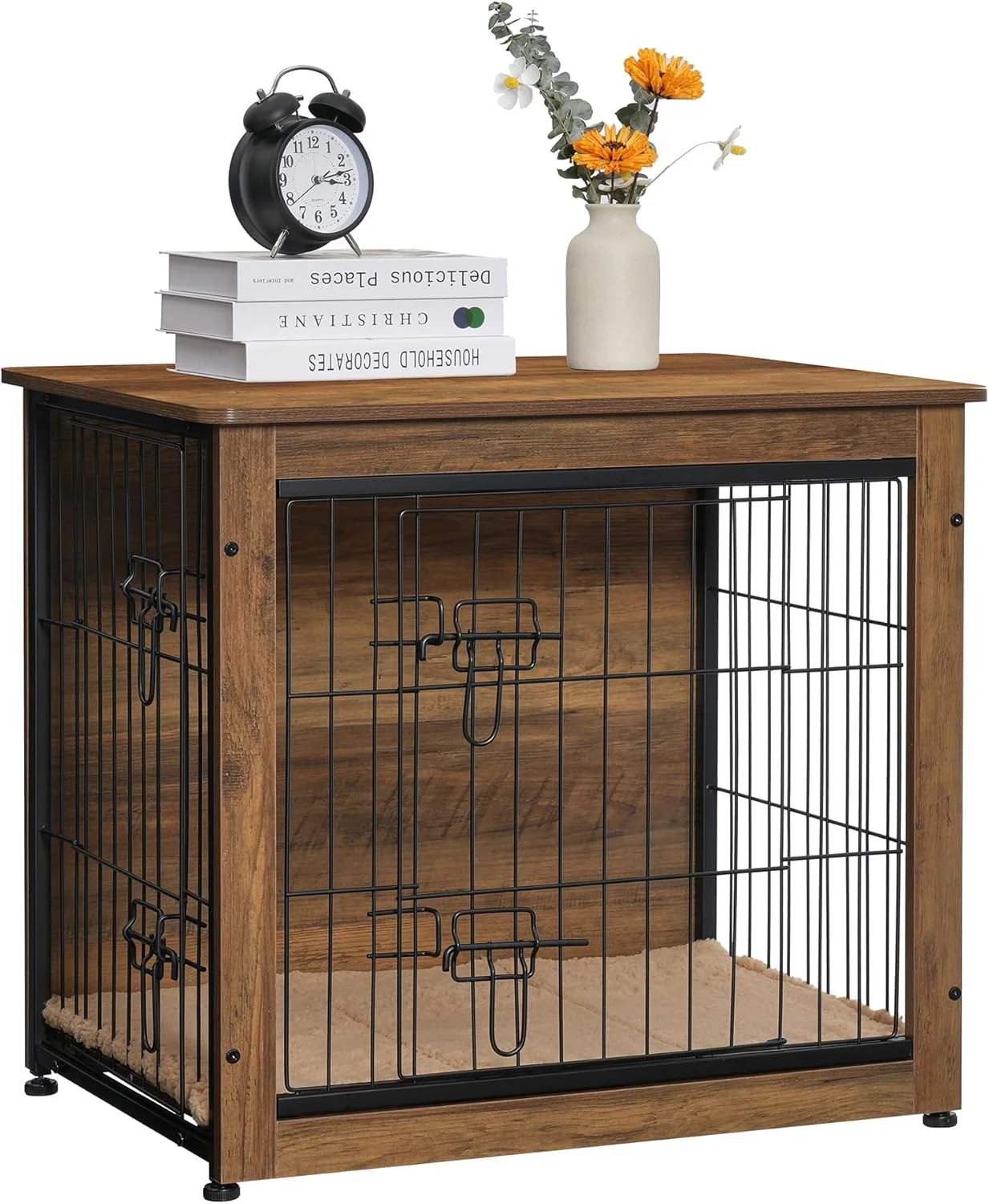 DWANTON Wooden Dog Crate Furniture with Cushion, Multi-Functional Pet Crate & Side Table, Double Doors, Adjustable Feet, Durable Construction