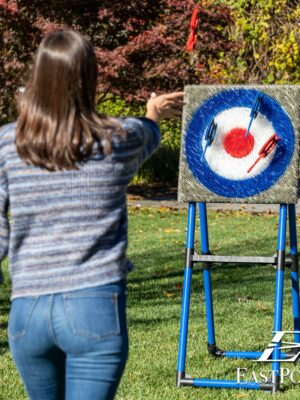 EastPoint Deluxe Steel Frame Axe Throwing Target Game Set with 8 Axes & Unique Bristle Target for Outdoor Fun