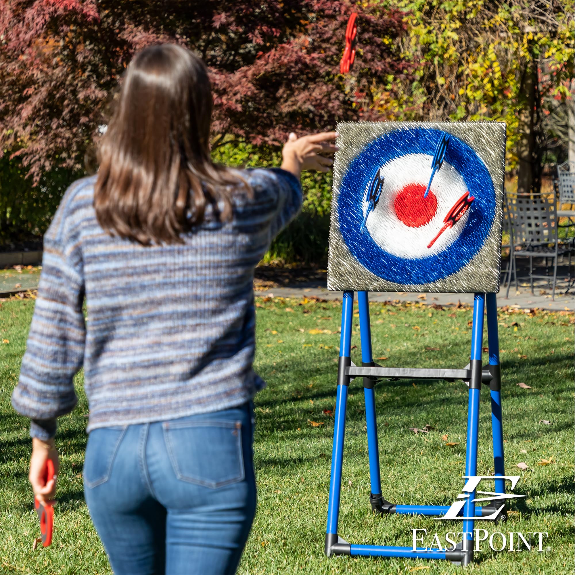 EastPoint Deluxe Steel Frame Axe Throwing Target Game Set with 8 Axes & Unique Bristle Target for Outdoor Fun