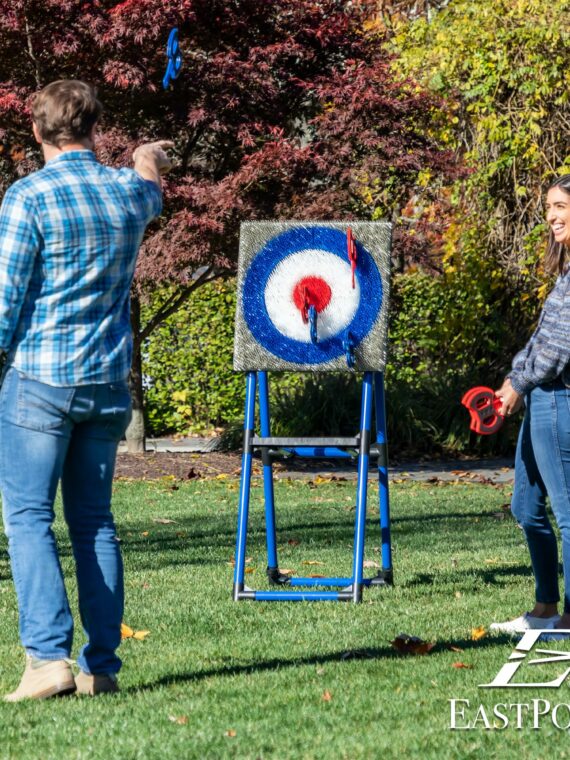 EastPoint Deluxe Steel Frame Axe Throwing Target Game Set with 8 Axes & Unique Bristle Target for Outdoor Fun