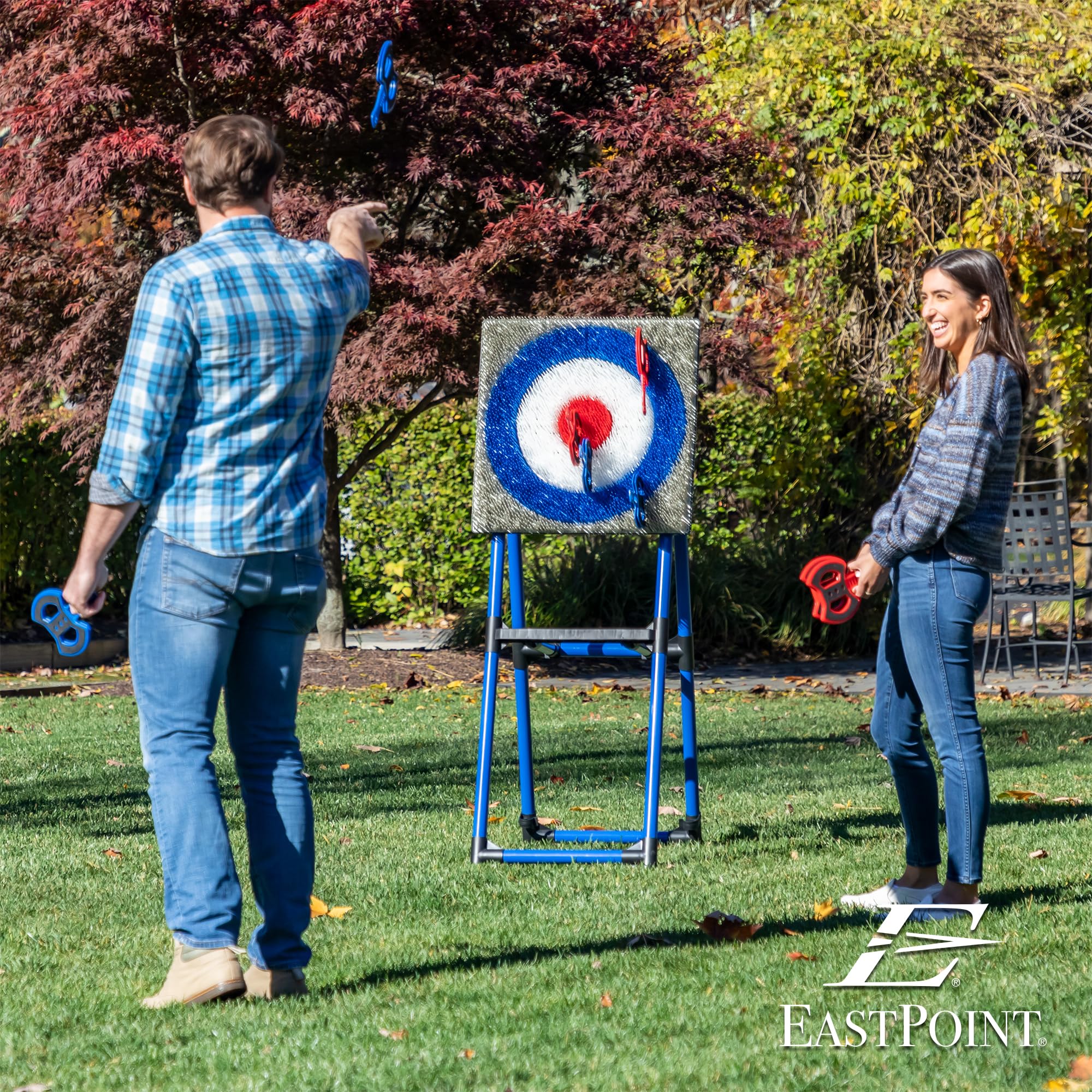 EastPoint Deluxe Steel Frame Axe Throwing Target Game Set with 8 Axes & Unique Bristle Target for Outdoor Fun