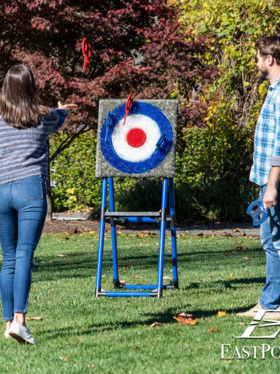 EastPoint Deluxe Steel Frame Axe Throwing Target Game Set with 8 Axes & Unique Bristle Target for Outdoor Fun