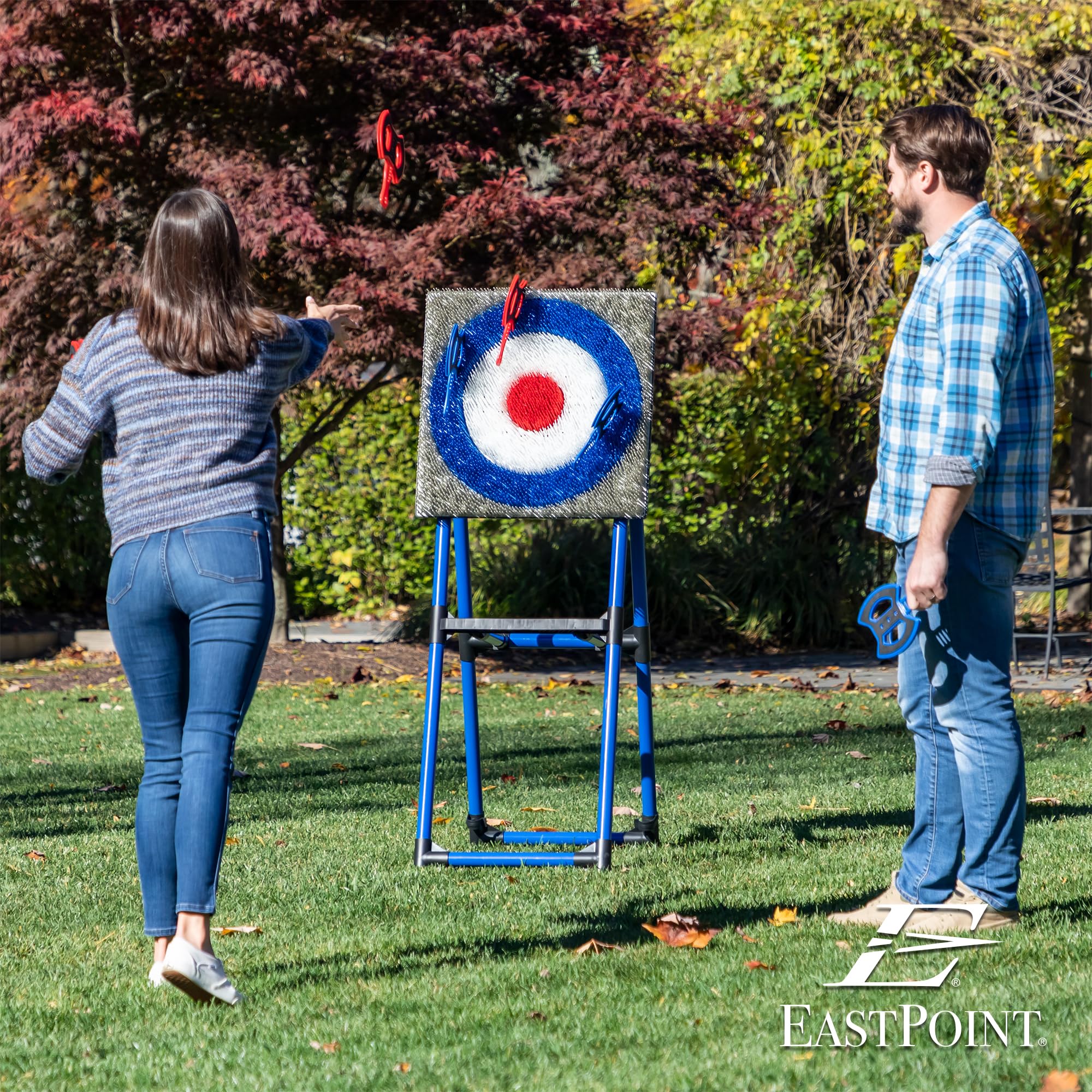 EastPoint Deluxe Steel Frame Axe Throwing Target Game Set with 8 Axes & Unique Bristle Target for Outdoor Fun