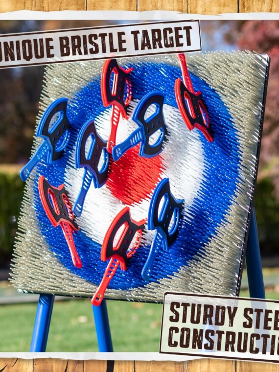 EastPoint Deluxe Steel Frame Axe Throwing Target Game Set with 8 Axes & Unique Bristle Target for Outdoor Fun