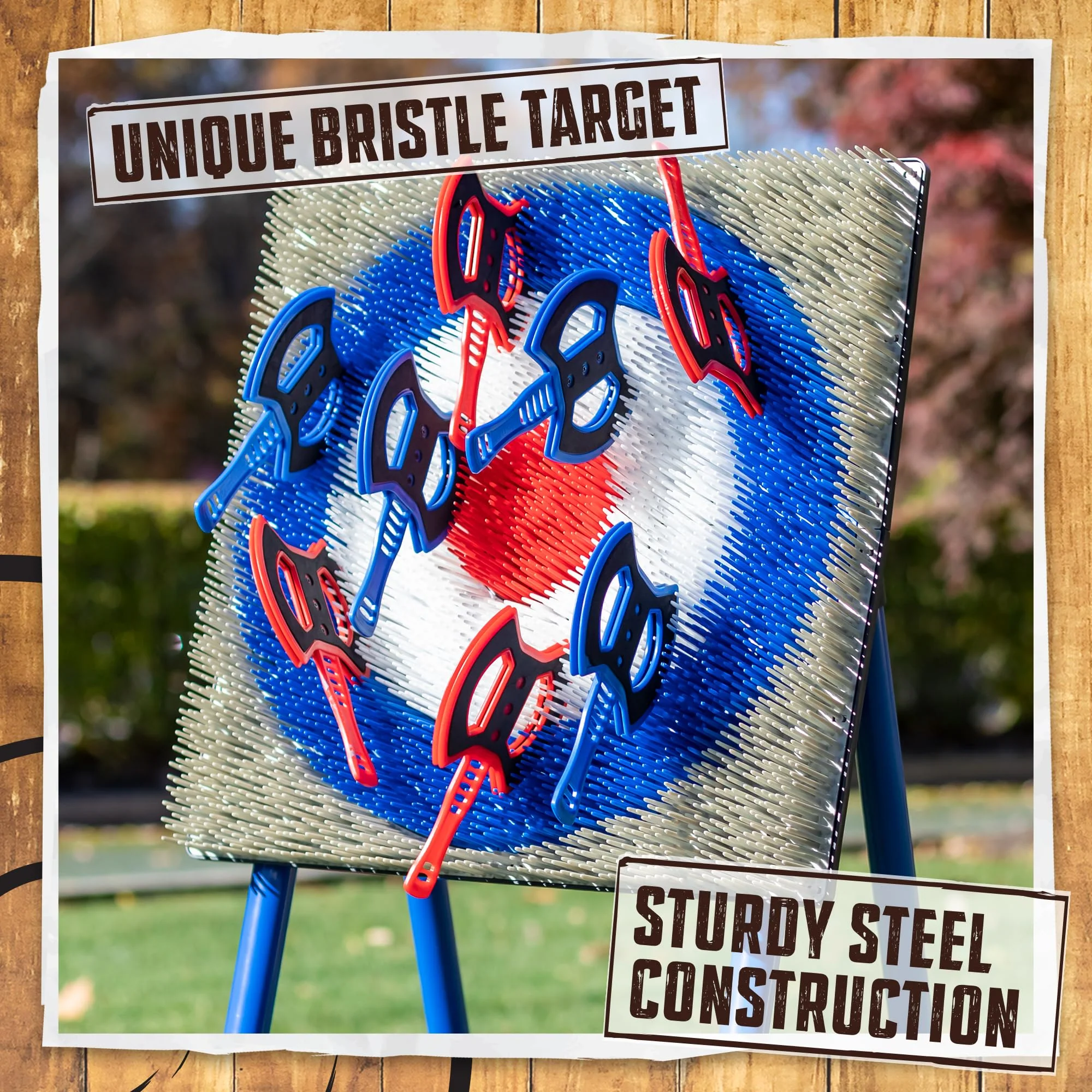 EastPoint Deluxe Steel Frame Axe Throwing Target Game Set with 8 Axes & Unique Bristle Target for Outdoor Fun