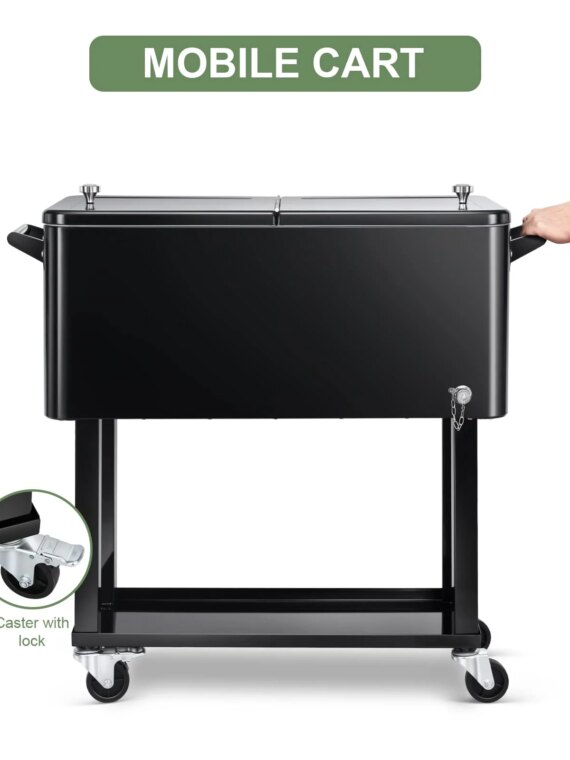 EDOSTORY 80 Quart Rolling Ice Chest Cooler Cart, Black - Large Capacity, Temperature Control, Outdoor Use