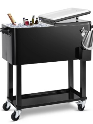 EDOSTORY 80 Quart Rolling Ice Chest Cooler Cart, Black - Large Capacity, Temperature Control, Outdoor Use