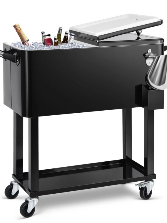 EDOSTORY 80 Quart Rolling Ice Chest Cooler Cart, Black - Large Capacity, Temperature Control, Outdoor Use