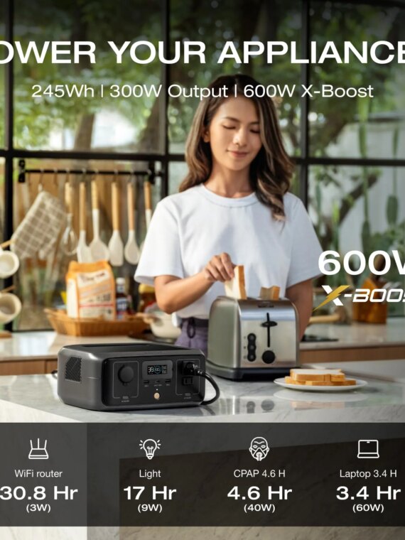 EF Ecoflow RIVER 3 Portable Power Station, 245Wh LiFePO4 Battery, 600W Output, GaN Tech, Fast Solar & AC Recharge, Lightweight, Safe for Travel