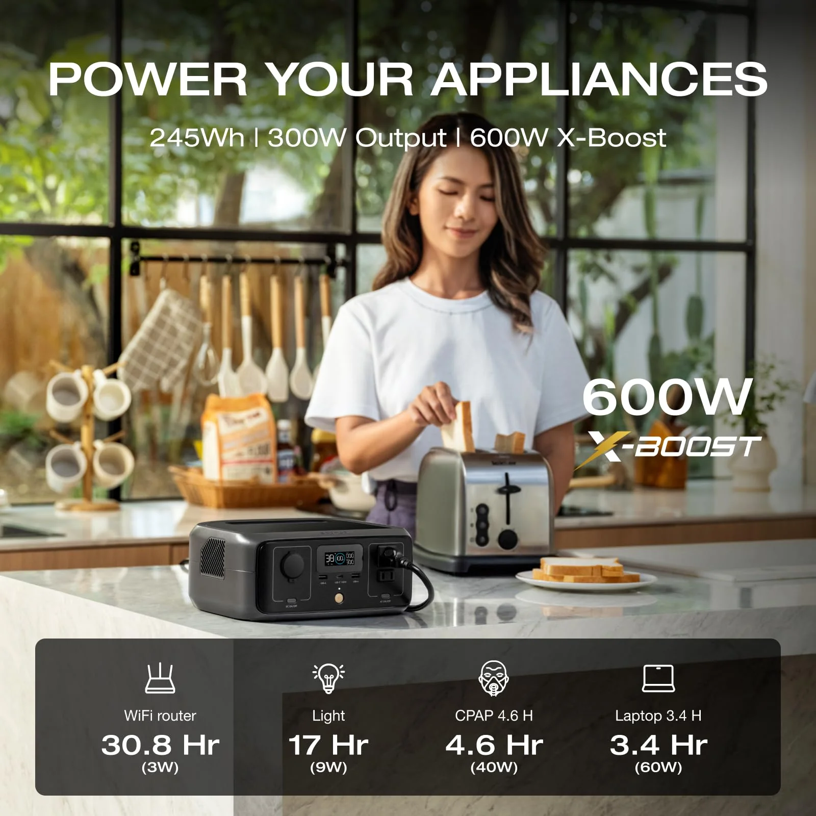EF Ecoflow RIVER 3 Portable Power Station, 245Wh LiFePO4 Battery, 600W Output, GaN Tech, Fast Solar & AC Recharge, Lightweight, Safe for Travel