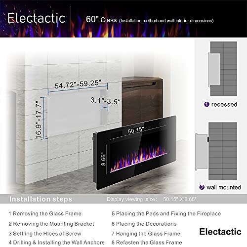 Electactic 60" Electric Fireplace Heater, Wall Mounted, Remote Control, 5100 BTU, Black, Model C3