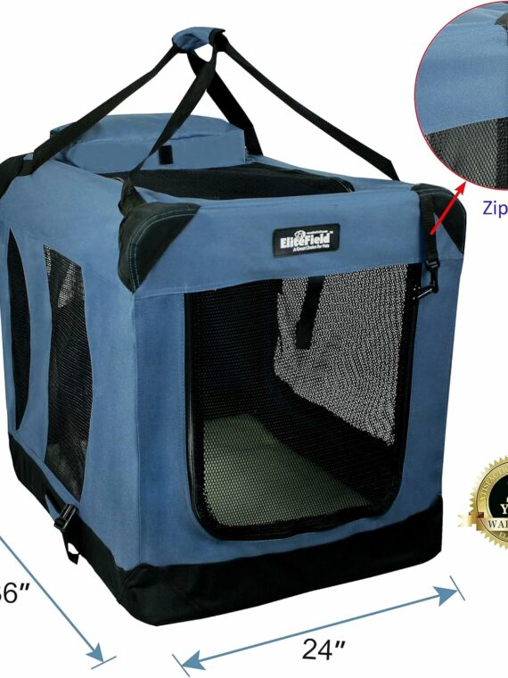 EliteField 3-Door Folding Soft Dog Crate, 36" Spacious Design, Portable with Carrying Bag & Fleece Bed