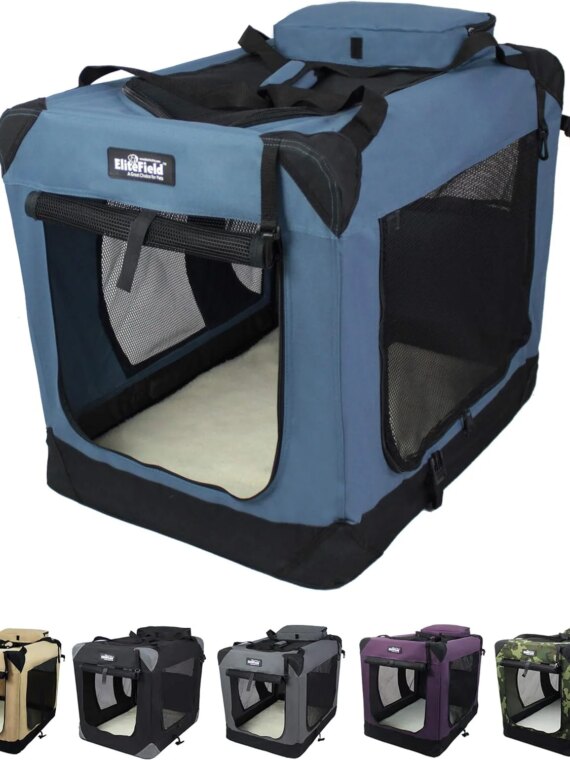 EliteField 3-Door Folding Soft Dog Crate, 36" Spacious Design, Portable with Carrying Bag & Fleece Bed