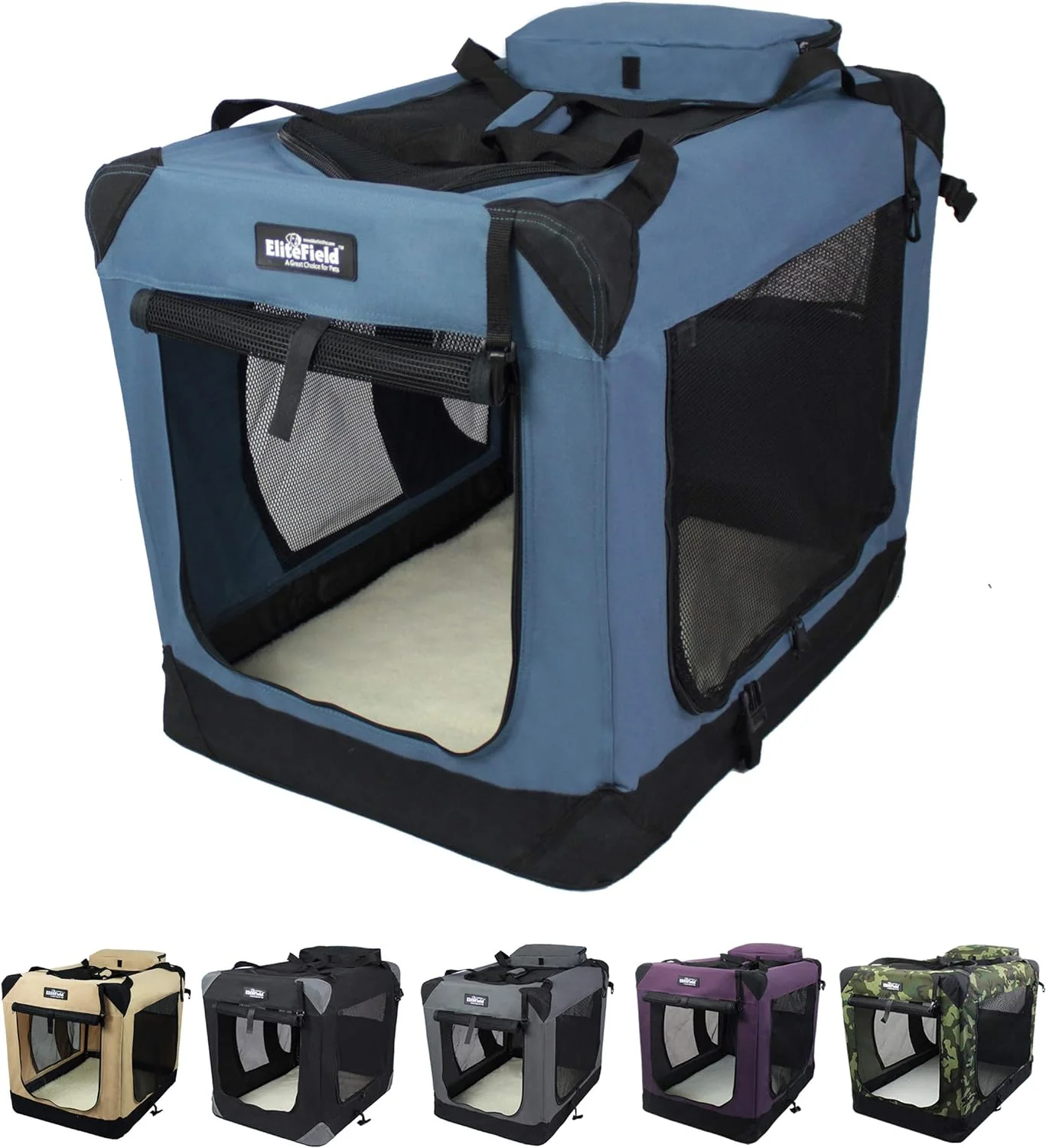 EliteField 3-Door Folding Soft Dog Crate, 36" Spacious Design, Portable with Carrying Bag & Fleece Bed