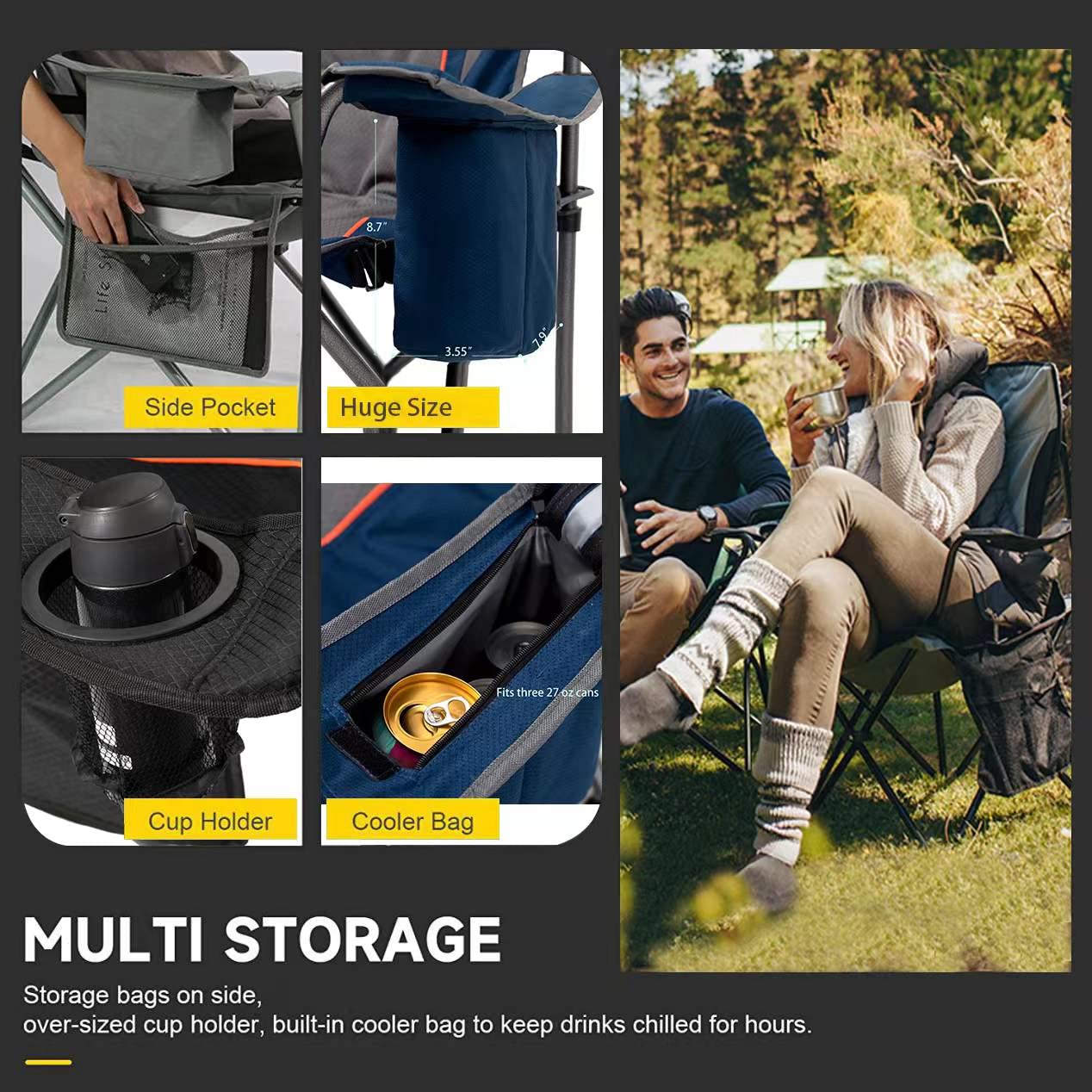 FAIR WIND 2-Pack Oversized Padded Camping Chairs with Lumbar Support & Storage