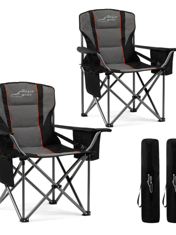 FAIR WIND 2-Pack Oversized Padded Camping Chairs with Lumbar Support & Storage