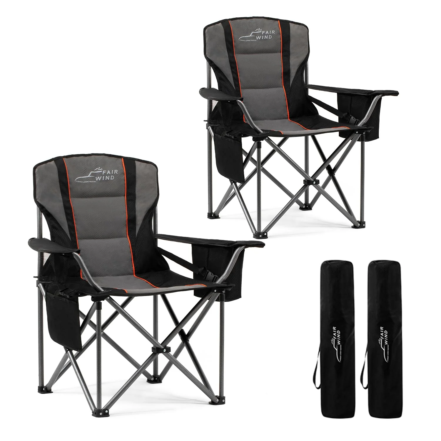 FAIR WIND 2-Pack Oversized Padded Camping Chairs with Lumbar Support & Storage