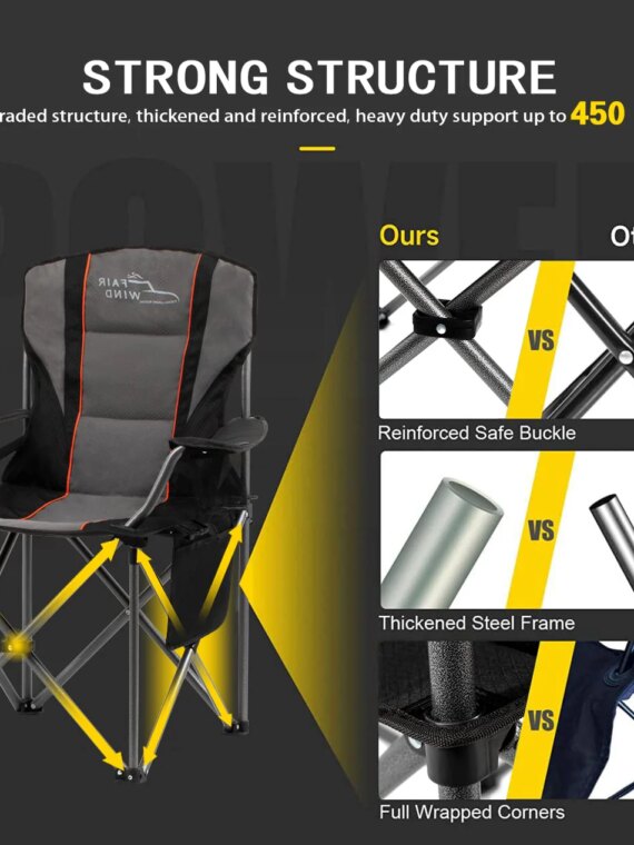 FAIR WIND 2-Pack Oversized Padded Camping Chairs with Lumbar Support & Storage