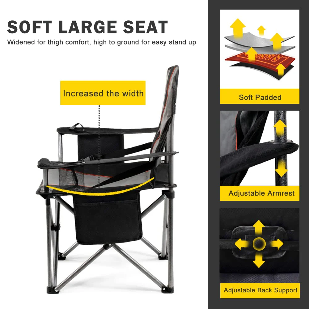 FAIR WIND 2-Pack Oversized Padded Camping Chairs with Lumbar Support & Storage