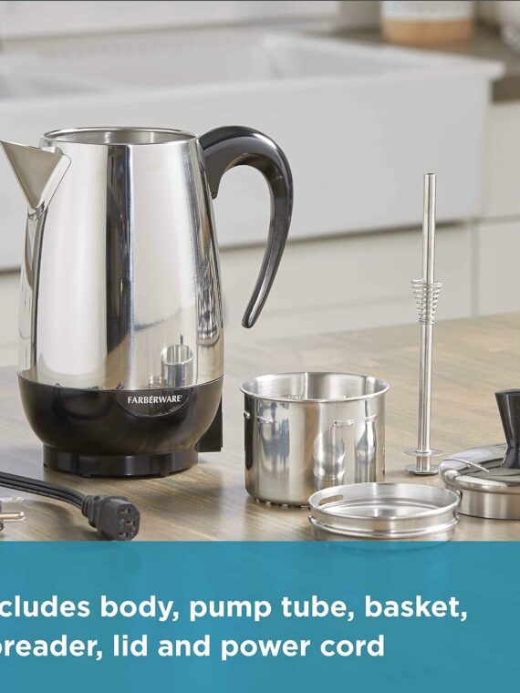 Farberware 2-8 Cup Stainless Steel Electric Coffee Percolator with Keep Warm & No-Drip Spout