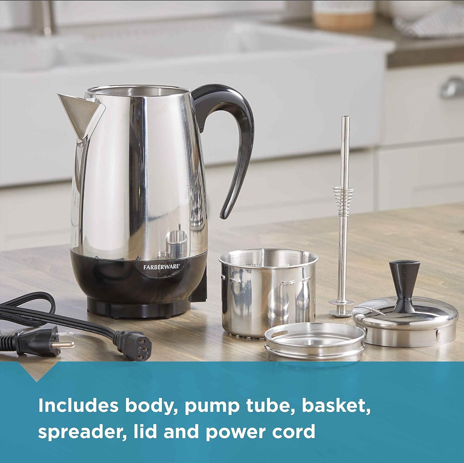 Farberware 2-8 Cup Stainless Steel Electric Coffee Percolator with Keep Warm & No-Drip Spout