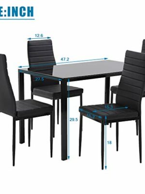 FDW Dining Table Set for 4 with Glass Top and Faux Leather Chairs, Space-Saving Design, Easy Assembly, Modern Kitchen Furniture