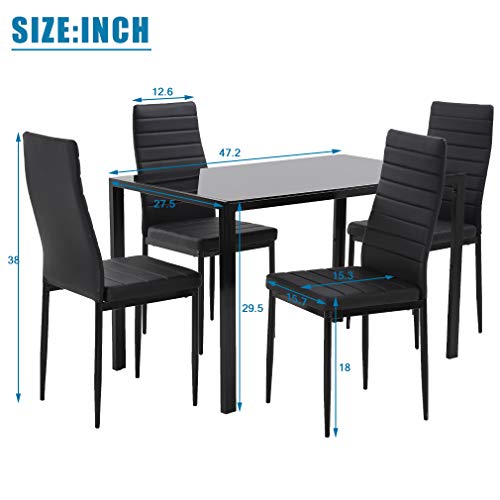 FDW Dining Table Set for 4 with Glass Top and Faux Leather Chairs, Space-Saving Design, Easy Assembly, Modern Kitchen Furniture