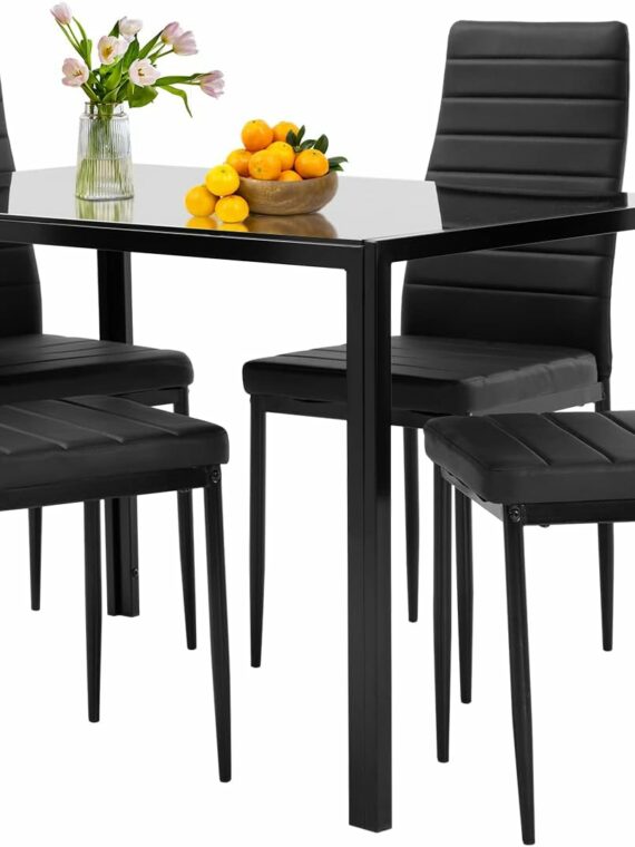 FDW Dining Table Set for 4 with Glass Top and Faux Leather Chairs, Space-Saving Design, Easy Assembly, Modern Kitchen Furniture