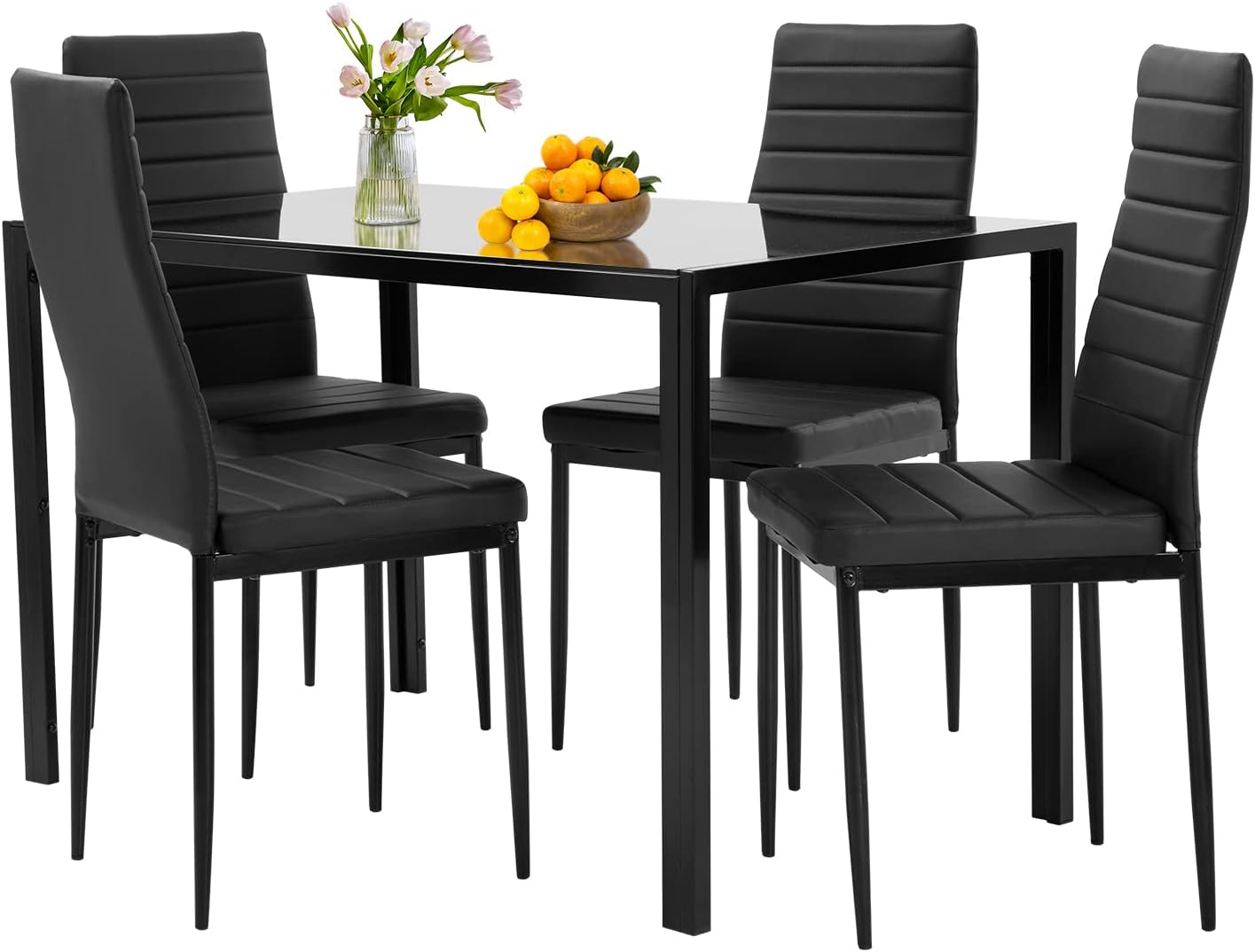 FDW Glass Dining Table Set with 4 Faux Leather Chairs, Space-Saving & Easy Assembly for Small Kitchens