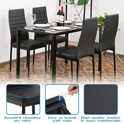 FDW Glass Dining Table Set with 4 Faux Leather Chairs, Space-Saving & Easy Assembly for Small Kitchens