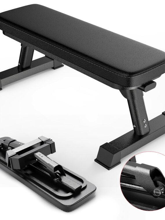 Finer Form Foldable Flat Workout Bench, 1000 lb Capacity, Space-Saving Design, No Assembly, 3" Cushion, Home Gym Equipment