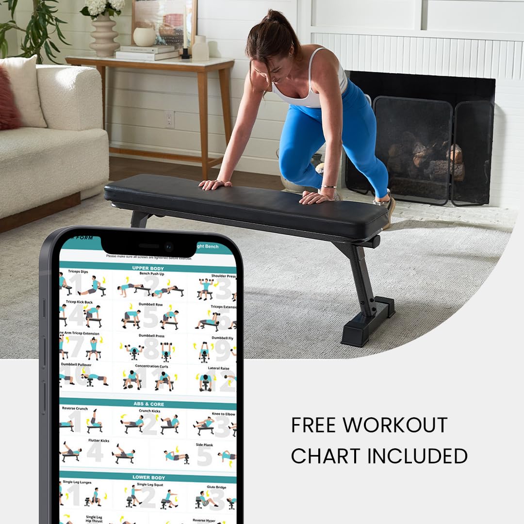 Finer Form Foldable Flat Workout Bench, 1000 lb Capacity, Space-Saving Design, No Assembly, 3" Cushion, Home Gym Equipment