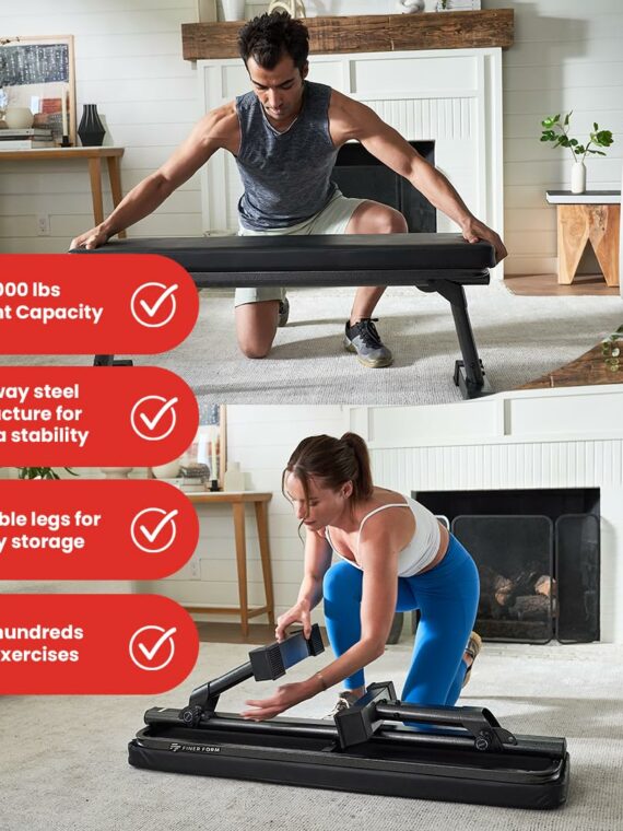 Finer Form Foldable Flat Workout Bench, 1000 lb Capacity, Space-Saving Design, No Assembly, 3" Cushion, Home Gym Equipment