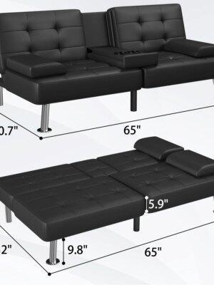 Flamaker Modern Convertible Futon Sofa Bed with Adjustable Backrest & PU Leather – Black
