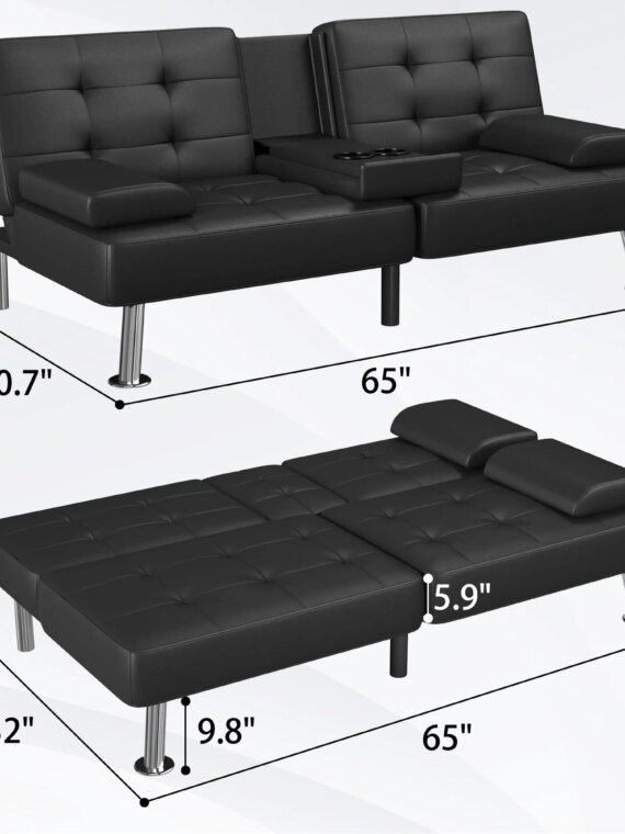 Flamaker Modern Convertible Futon Sofa Bed with Adjustable Backrest & PU Leather - Black