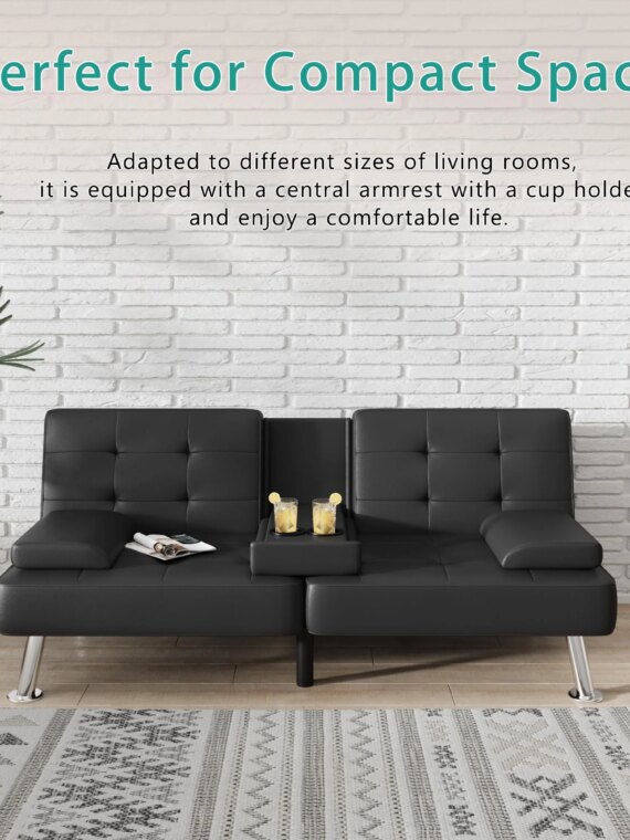 Flamaker Modern Convertible Futon Sofa Bed with Adjustable Backrest & PU Leather - Black