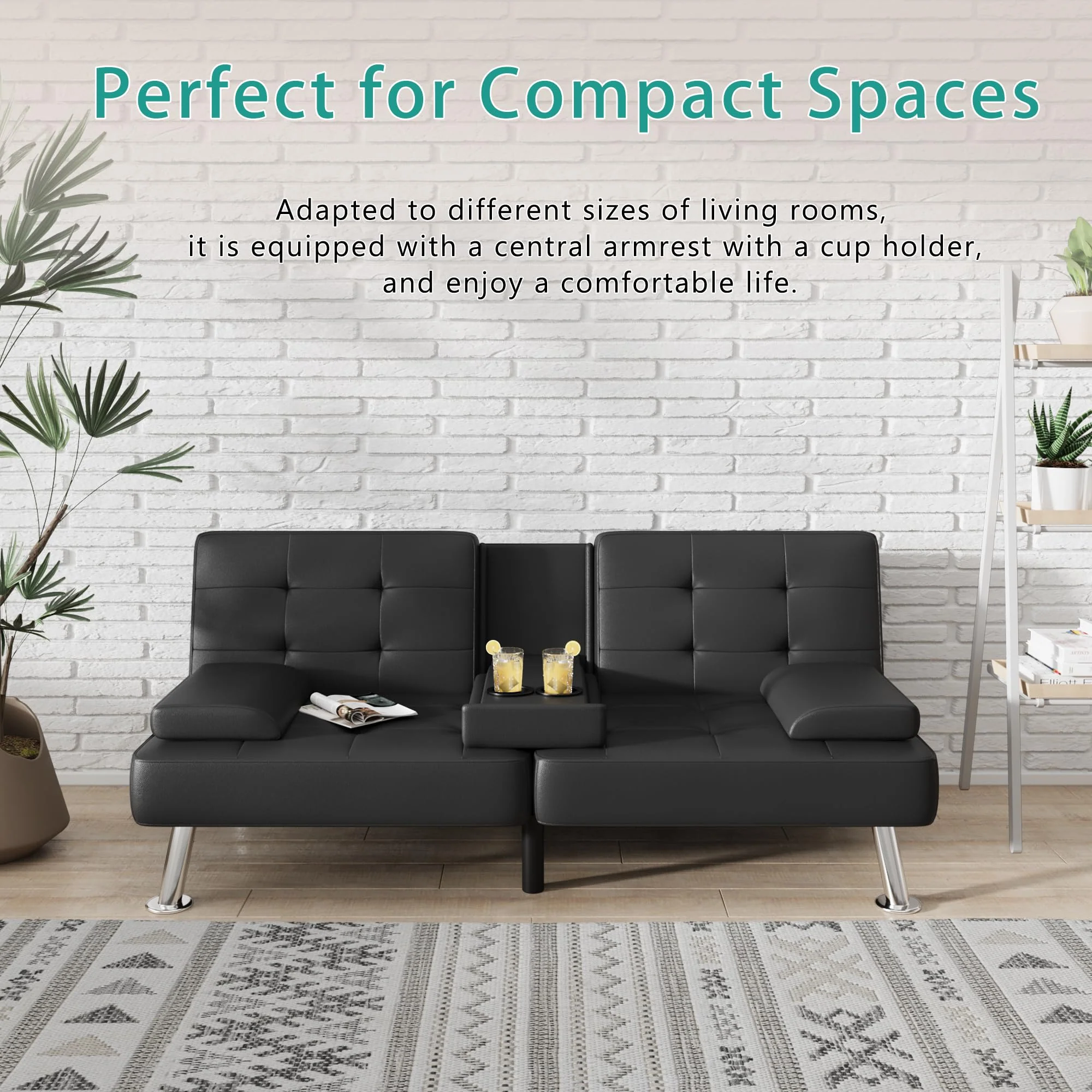 Flamaker Modern Convertible Futon Sofa Bed with Adjustable Backrest & PU Leather - Black