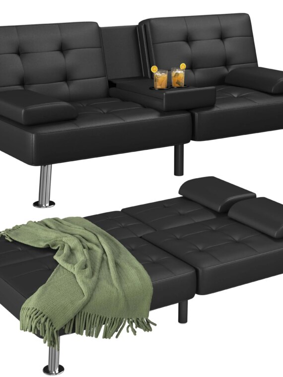 Flamaker Modern Convertible Futon Sofa Bed with Adjustable Backrest & PU Leather - Black