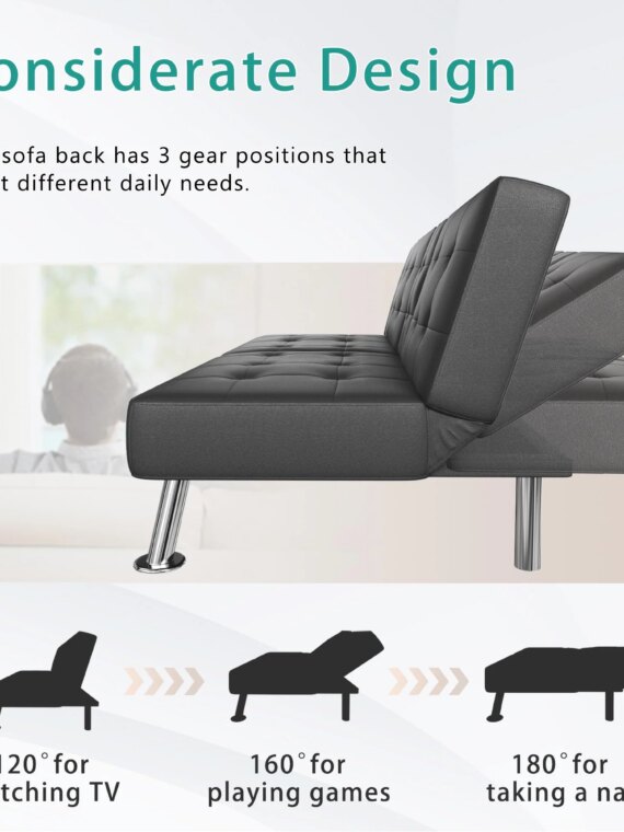 Flamaker Modern Convertible Futon Sofa Bed with Adjustable Backrest & PU Leather - Black