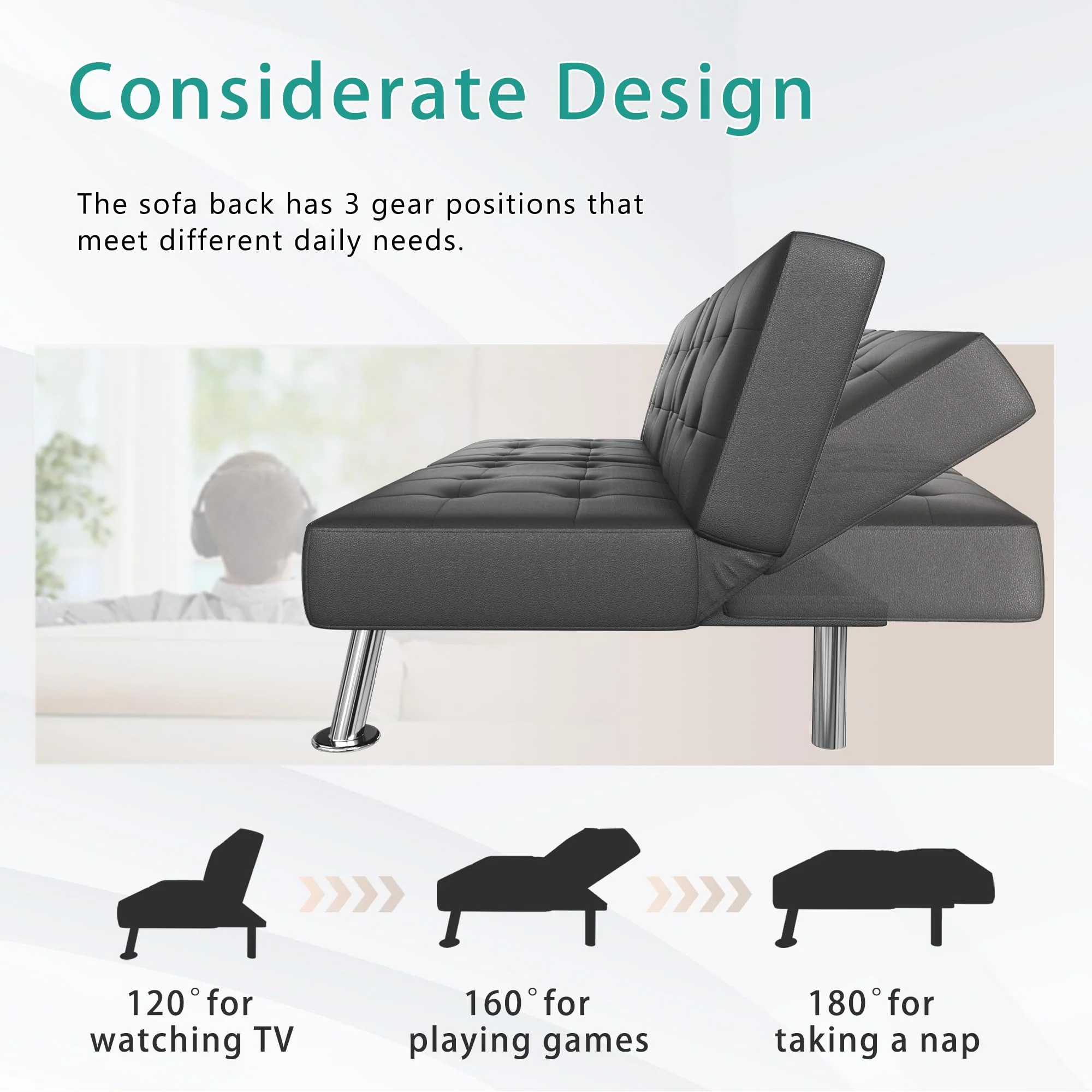 Flamaker Modern Convertible Futon Sofa Bed with Adjustable Backrest & PU Leather - Black