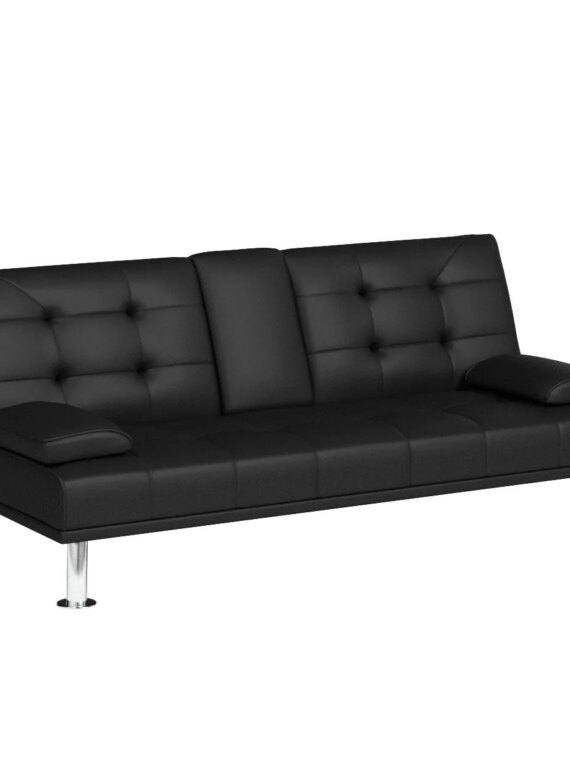 Flamaker Modern Convertible Futon Sofa Bed with Adjustable Backrest & PU Leather - Black